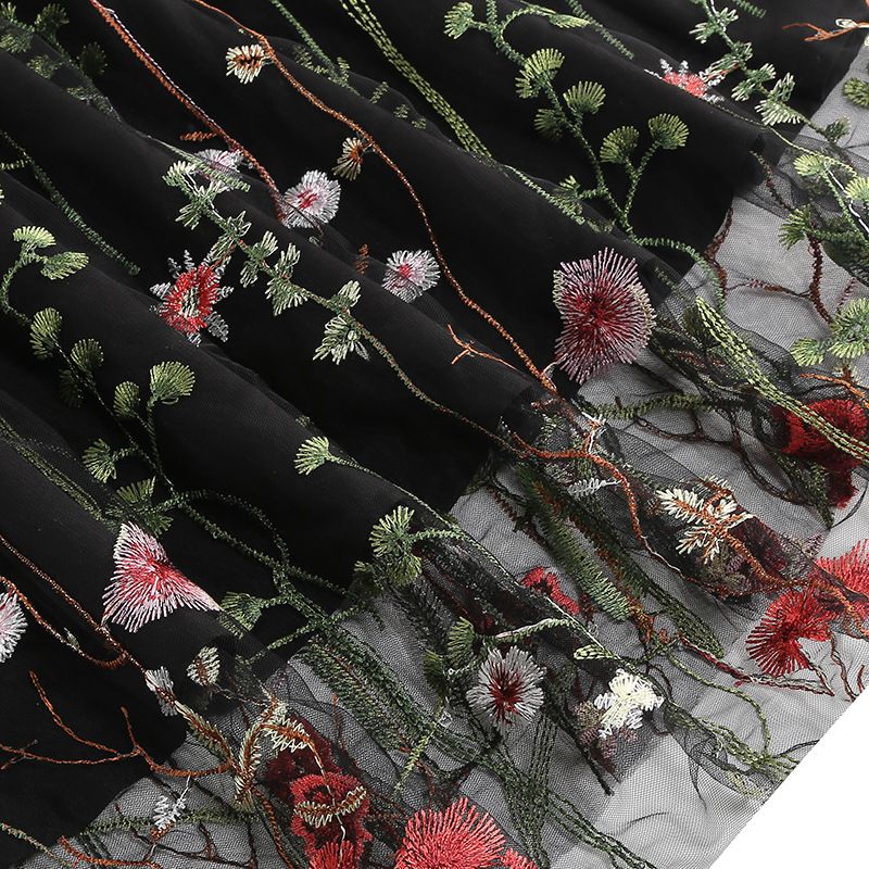 Women Flutter Sleeves Sheer Floral Embroidery Mesh Cocktail Formal Vintage Dress Black