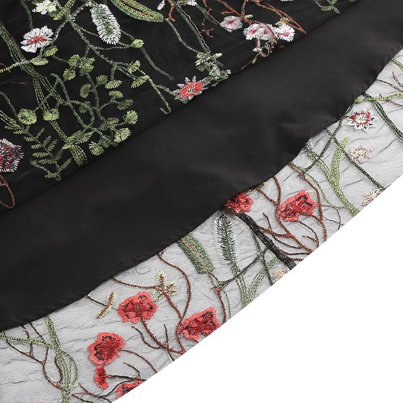 Women Flutter Sleeves Sheer Floral Embroidery Mesh Cocktail Formal Vintage Dress Black