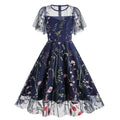 Women Flutter Sleeves Sheer Floral Embroidery Mesh Cocktail Formal Vintage Dress Blue