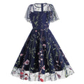 Women Flutter Sleeves Sheer Floral Embroidery Mesh Cocktail Formal Vintage Dress Blue