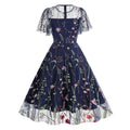 Women Flutter Sleeves Sheer Floral Embroidery Mesh Cocktail Formal Vintage Dress Blue