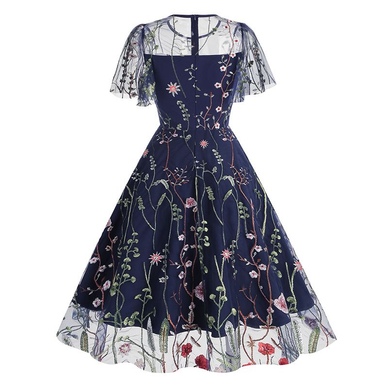 Women Flutter Sleeves Sheer Floral Embroidery Mesh Cocktail Formal Vintage Dress Blue