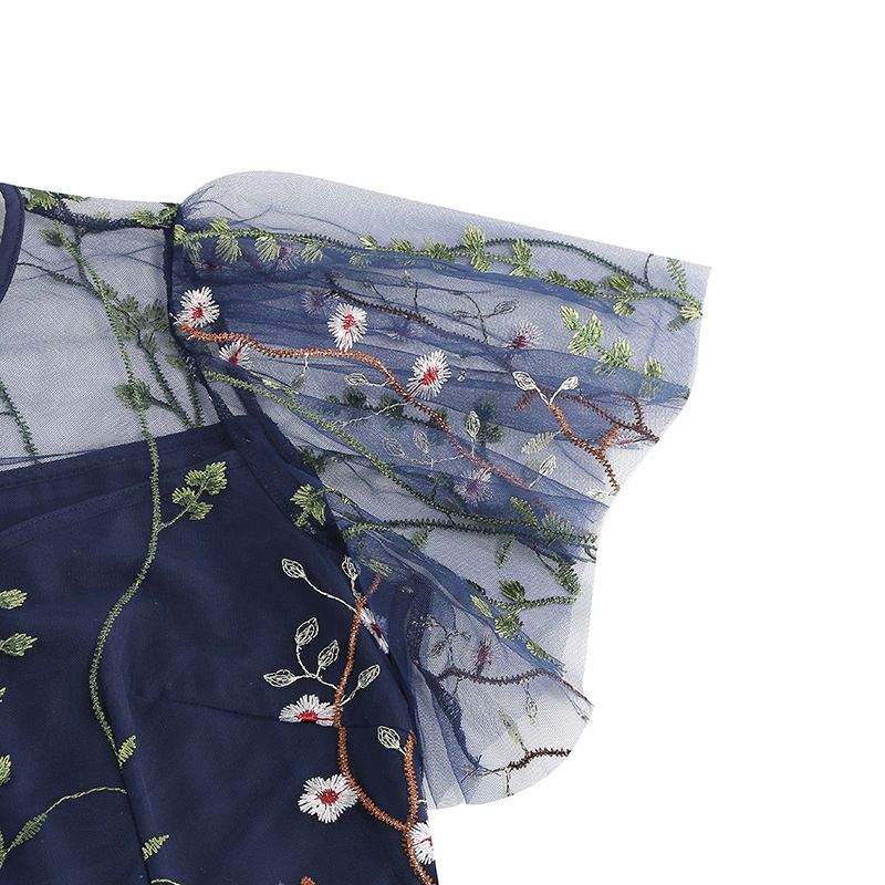 Women Flutter Sleeves Sheer Floral Embroidery Mesh Cocktail Formal Vintage Dress Blue