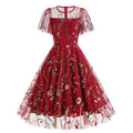 Women Flutter Sleeves Sheer Floral Embroidery Mesh Cocktail Formal Vintage Dress Red