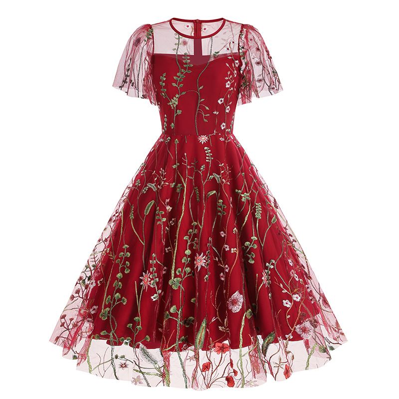 Women Flutter Sleeves Sheer Floral Embroidery Mesh Cocktail Formal Vintage Dress Red