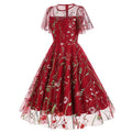 Women Flutter Sleeves Sheer Floral Embroidery Mesh Cocktail Formal Vintage Dress Red