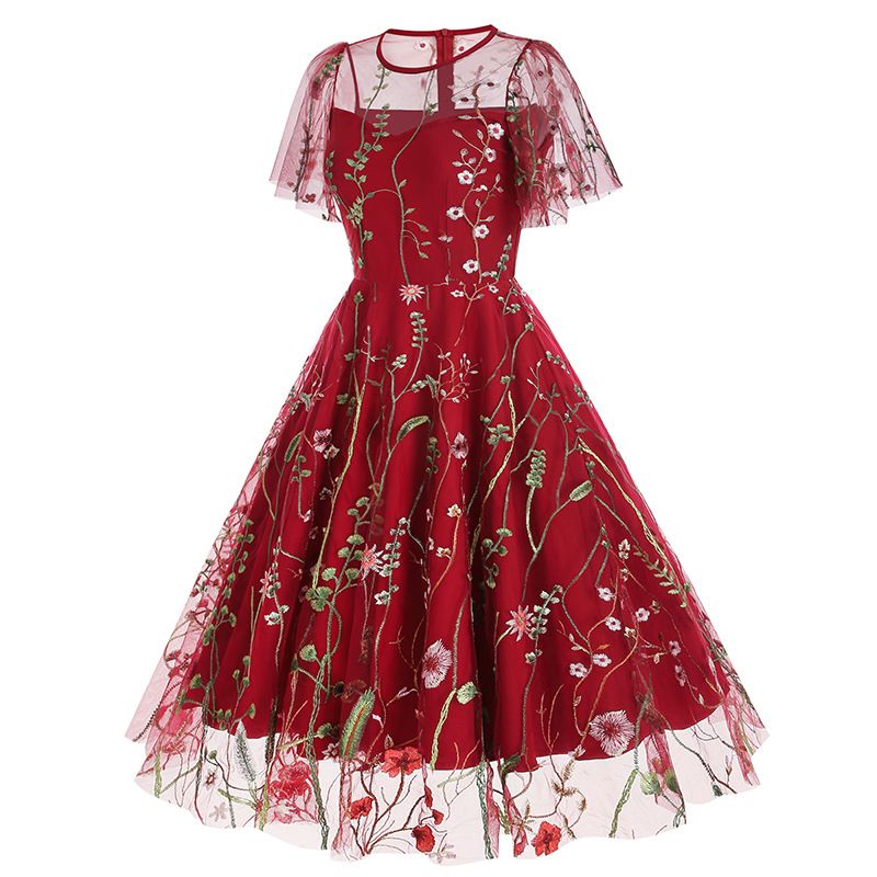 Women Flutter Sleeves Sheer Floral Embroidery Mesh Cocktail Formal Vintage Dress Red