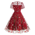 Women Flutter Sleeves Sheer Floral Embroidery Mesh Cocktail Formal Vintage Dress Red