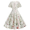 Women Flutter Sleeves Sheer Floral Embroidery Mesh Cocktail Formal Vintage Dress White