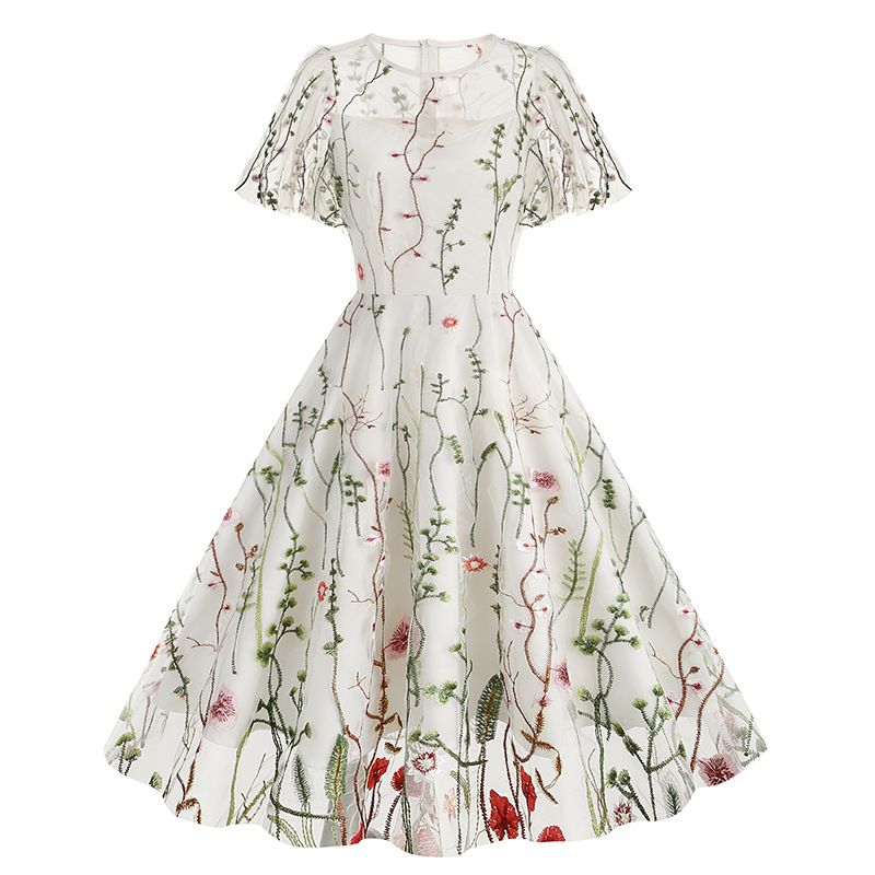 Women Flutter Sleeves Sheer Floral Embroidery Mesh Cocktail Formal Vintage Dress White