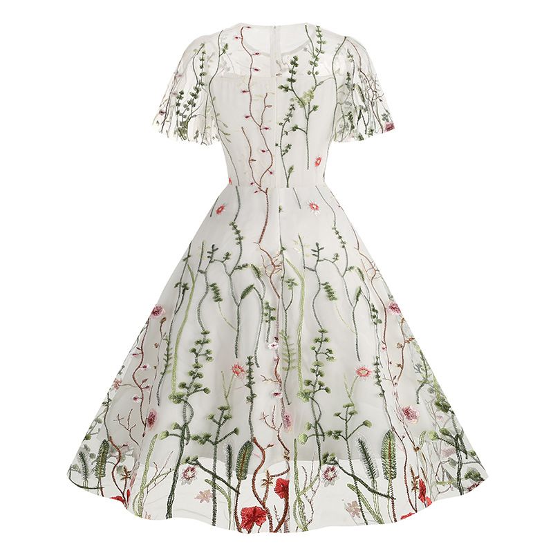 Women Flutter Sleeves Sheer Floral Embroidery Mesh Cocktail Formal Vintage Dress White