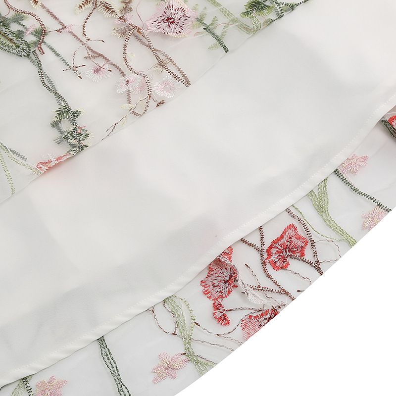Women Flutter Sleeves Sheer Floral Embroidery Mesh Cocktail Formal Vintage Dress White
