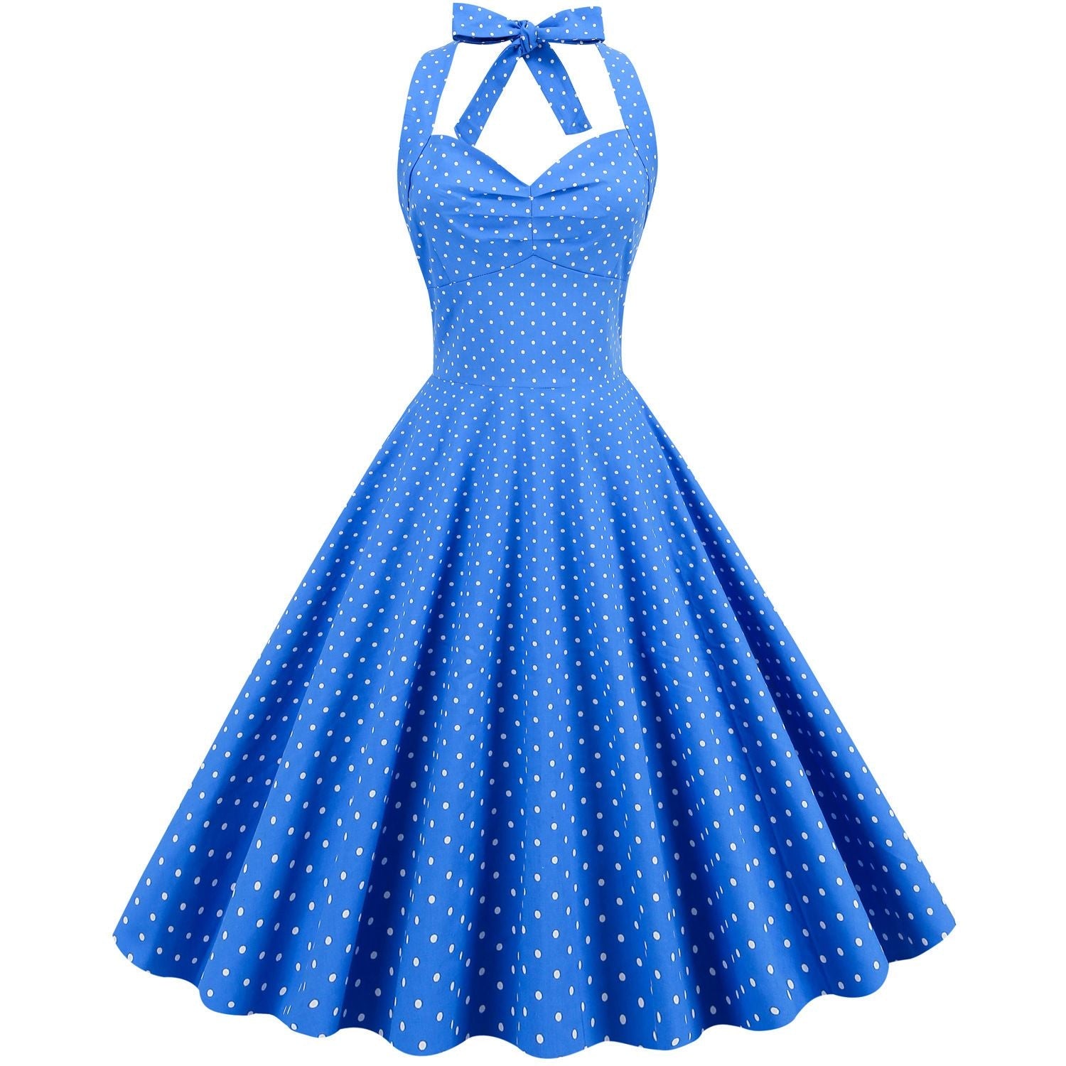 Women Halter Neck A-Line Dress Vintage Sleeveless Party Prom Dress Blue