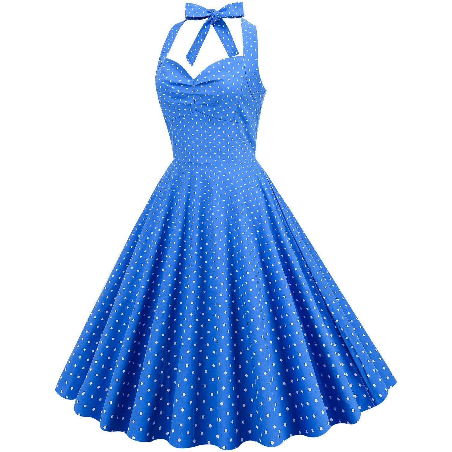 Women Halter Neck A-Line Dress Vintage Sleeveless Party Prom Dress Blue