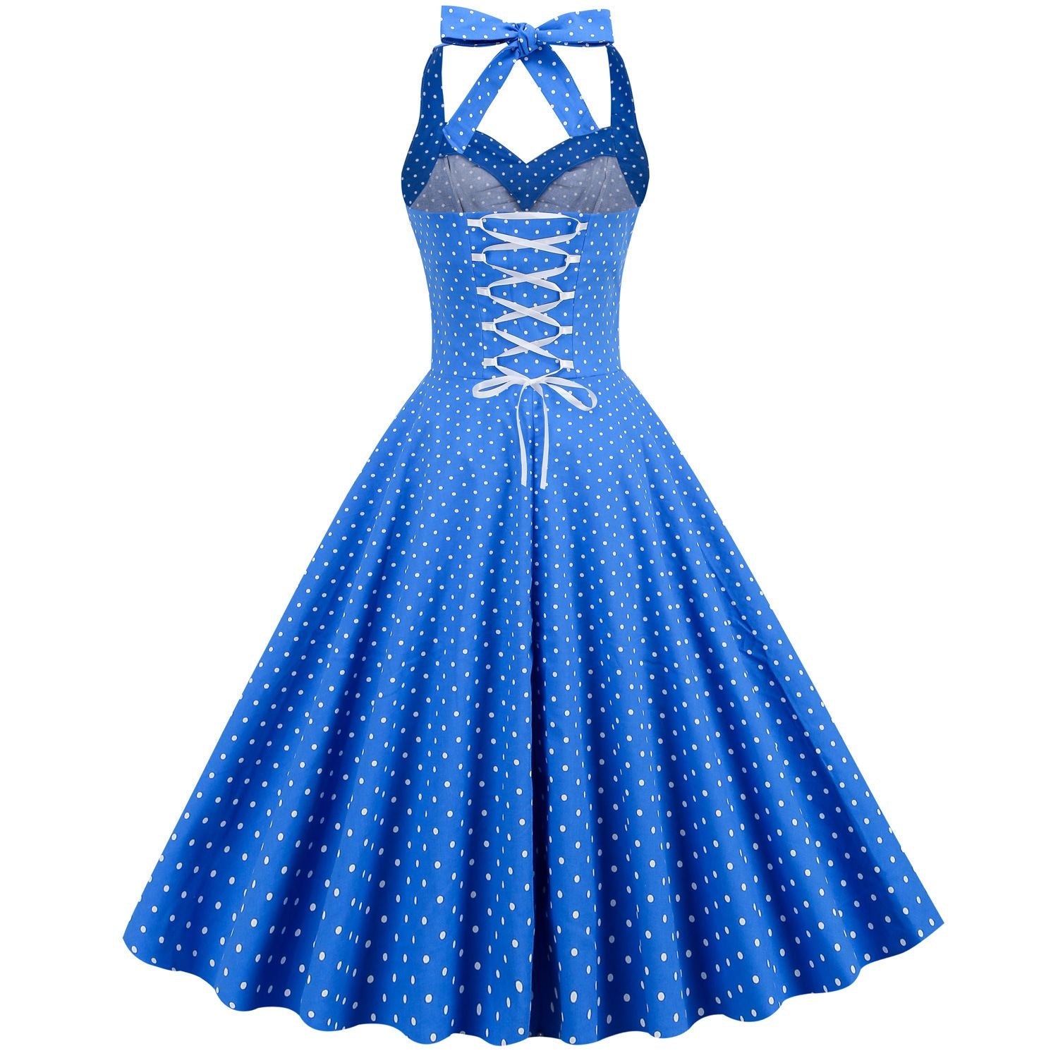Women Halter Neck A-Line Dress Vintage Sleeveless Party Prom Dress Blue