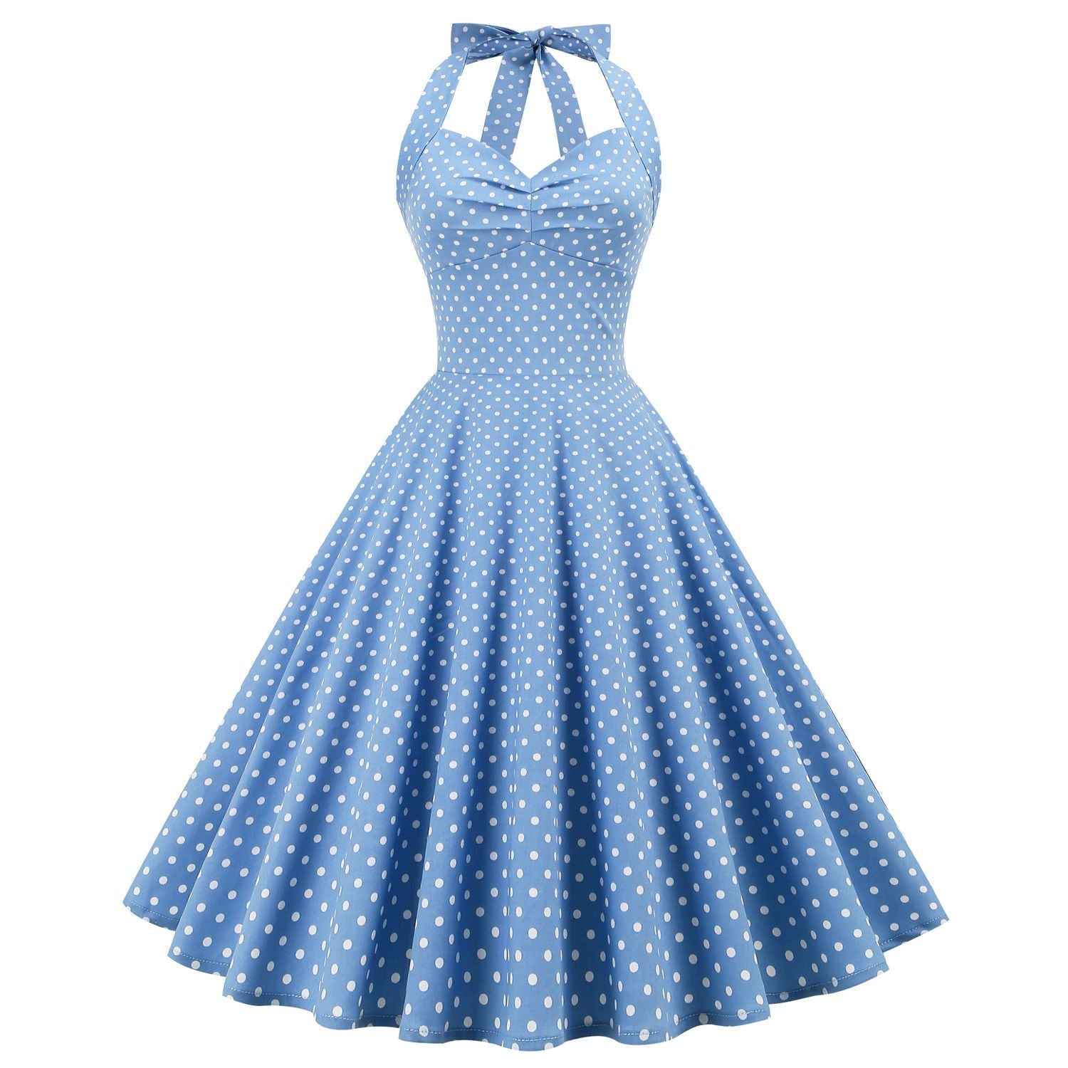 Women Halter Neck A-Line Dress Vintage Sleeveless Party Prom Dress Light Blue