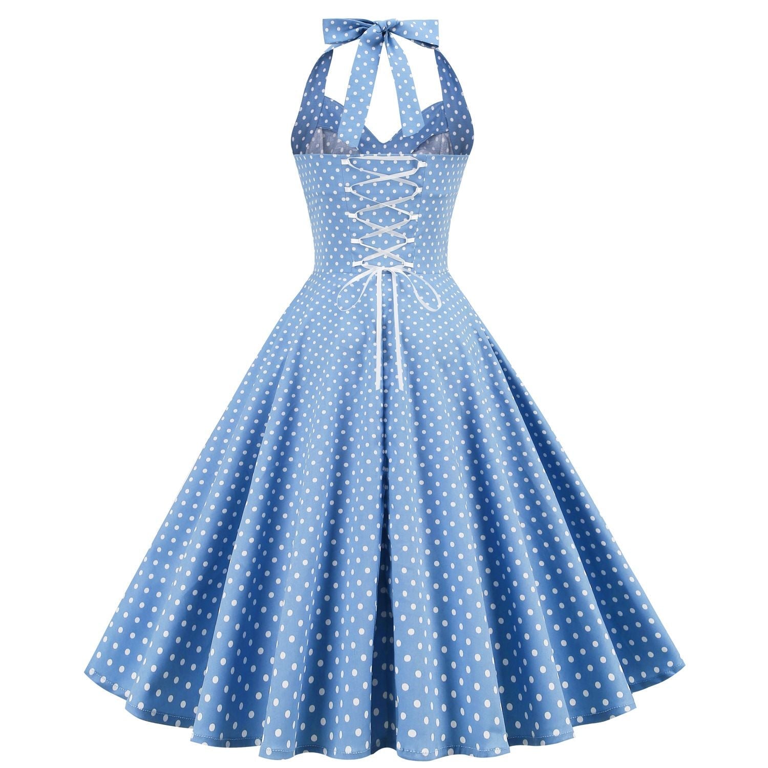 Women Halter Neck A-Line Dress Vintage Sleeveless Party Prom Dress Light Blue