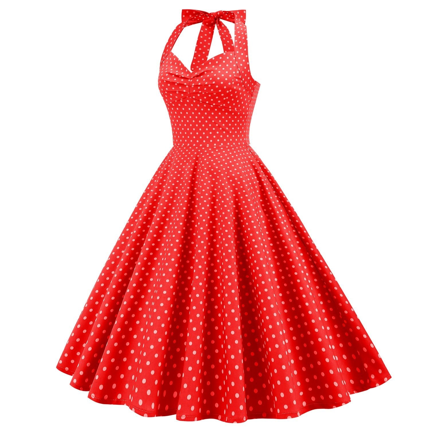 Women Halter Neck A-Line Dress Vintage Sleeveless Party Prom Dress Red