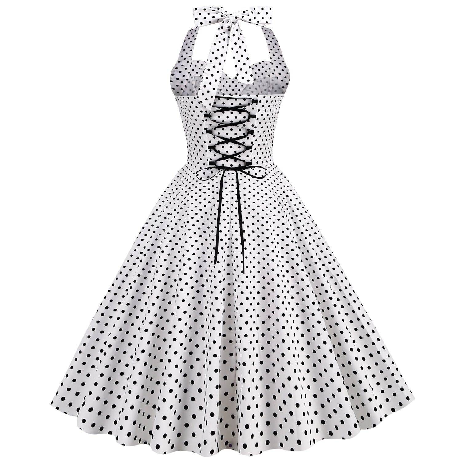 Women Halter Neck A-Line Dress Vintage Sleeveless Party Prom Dress White