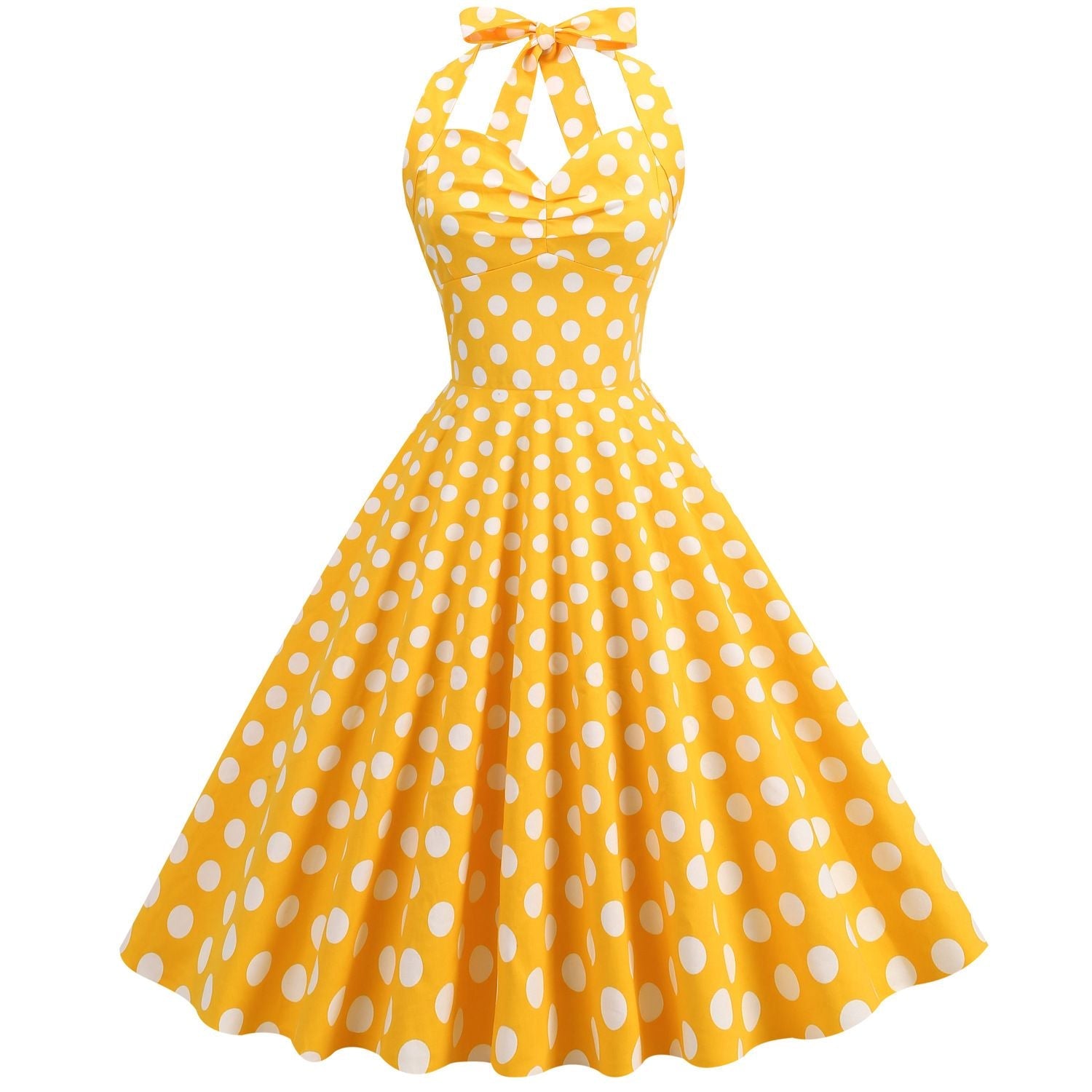 Women Halter Neck A-Line Dress Vintage Sleeveless Party Prom Dress Yellow