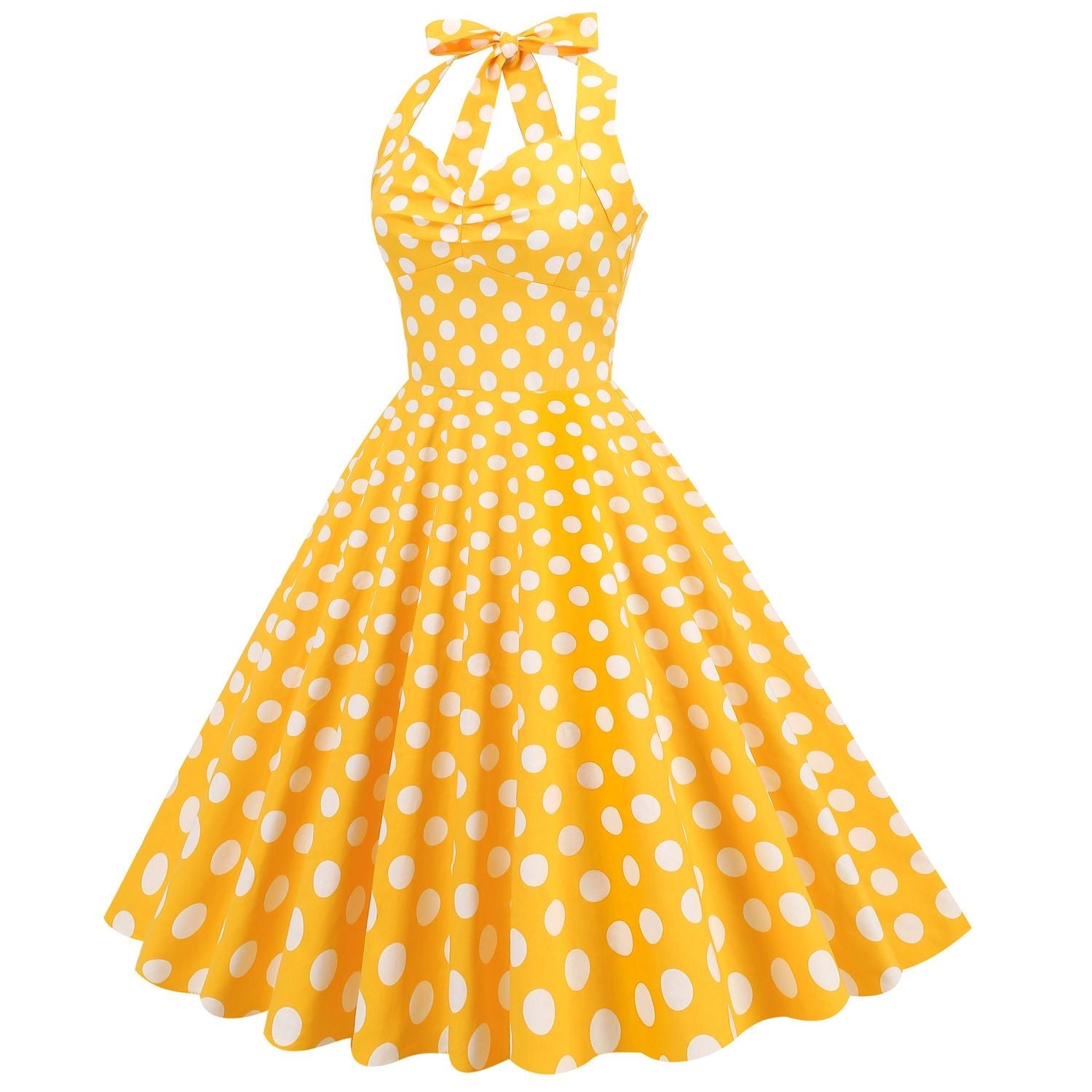 Women Halter Neck A-Line Dress Vintage Sleeveless Party Prom Dress Yellow
