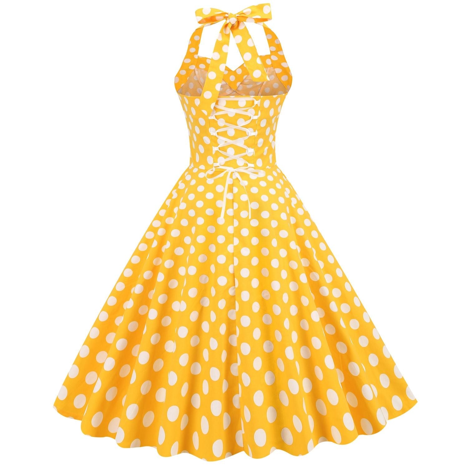 Women Halter Neck A-Line Dress Vintage Sleeveless Party Prom Dress Yellow