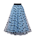 Women Heart Printed Contrast Mesh Frill Trim Flared Midi Skirt Blue