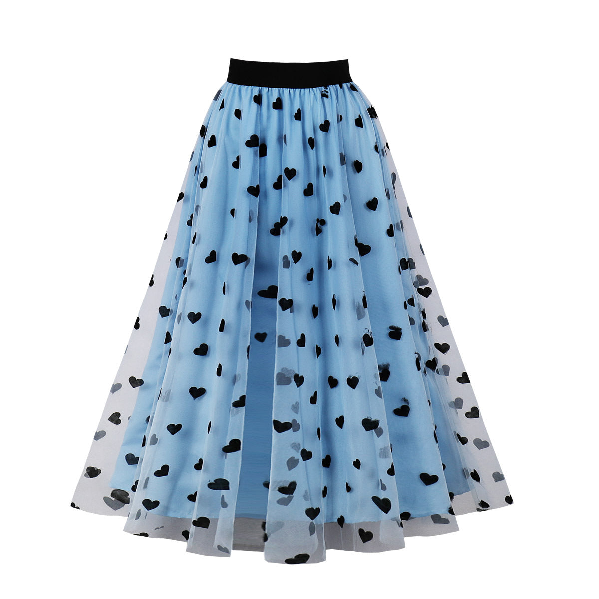 Women Heart Printed Contrast Mesh Frill Trim Flared Midi Skirt Blue