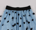Women Heart Printed Contrast Mesh Frill Trim Flared Midi Skirt Blue