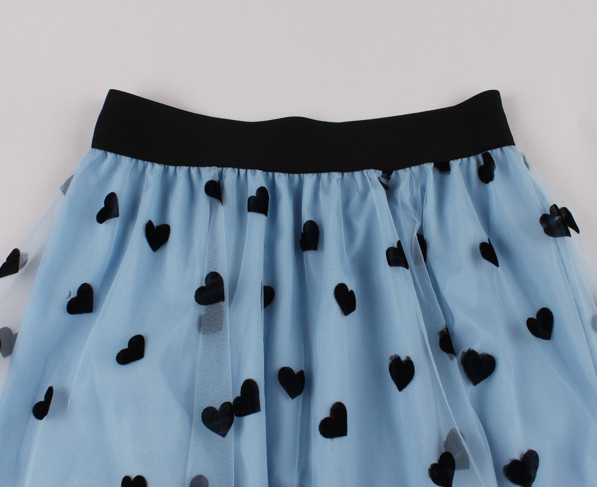 Women Heart Printed Contrast Mesh Frill Trim Flared Midi Skirt Blue