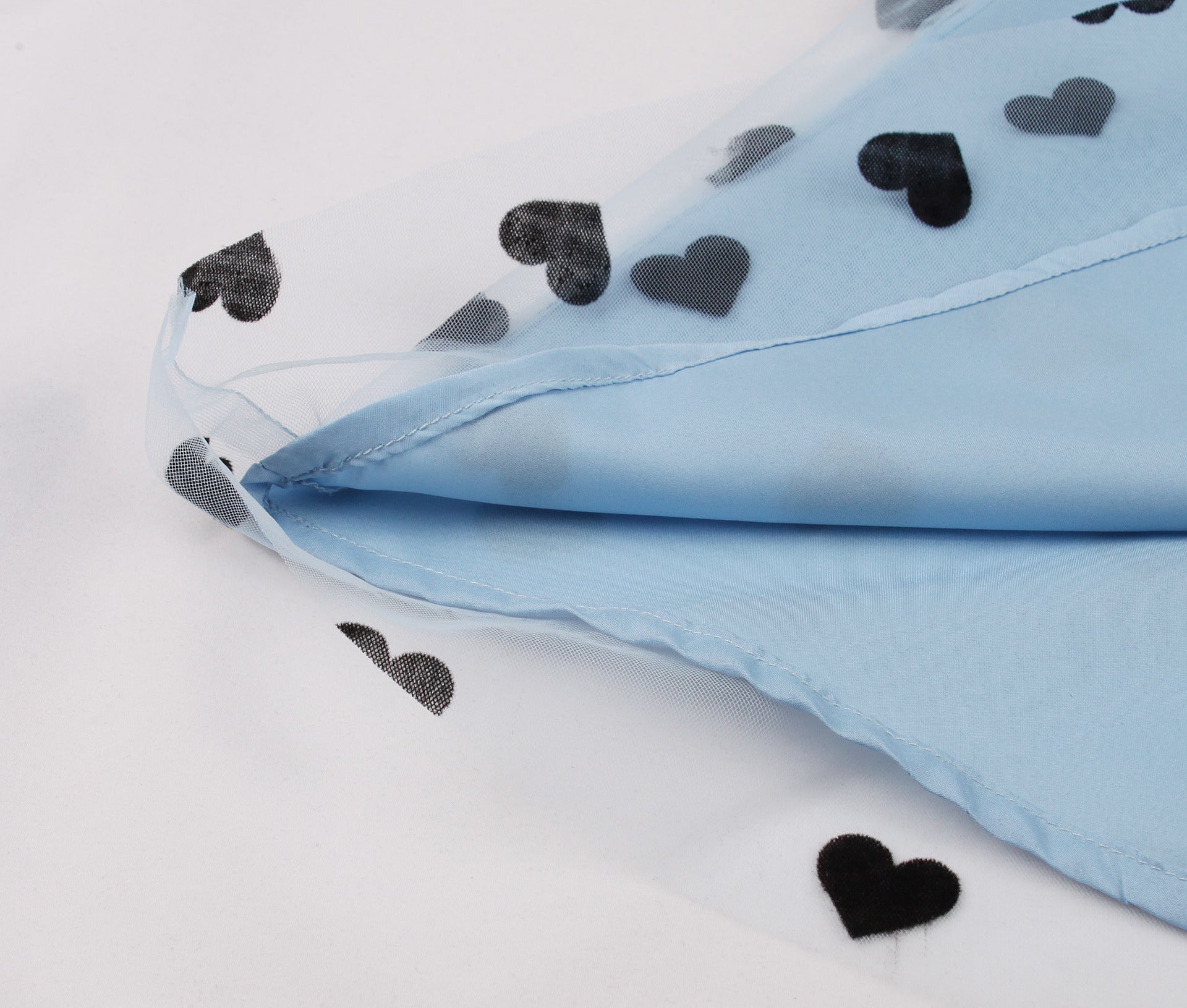 Women Heart Printed Contrast Mesh Frill Trim Flared Midi Skirt Blue