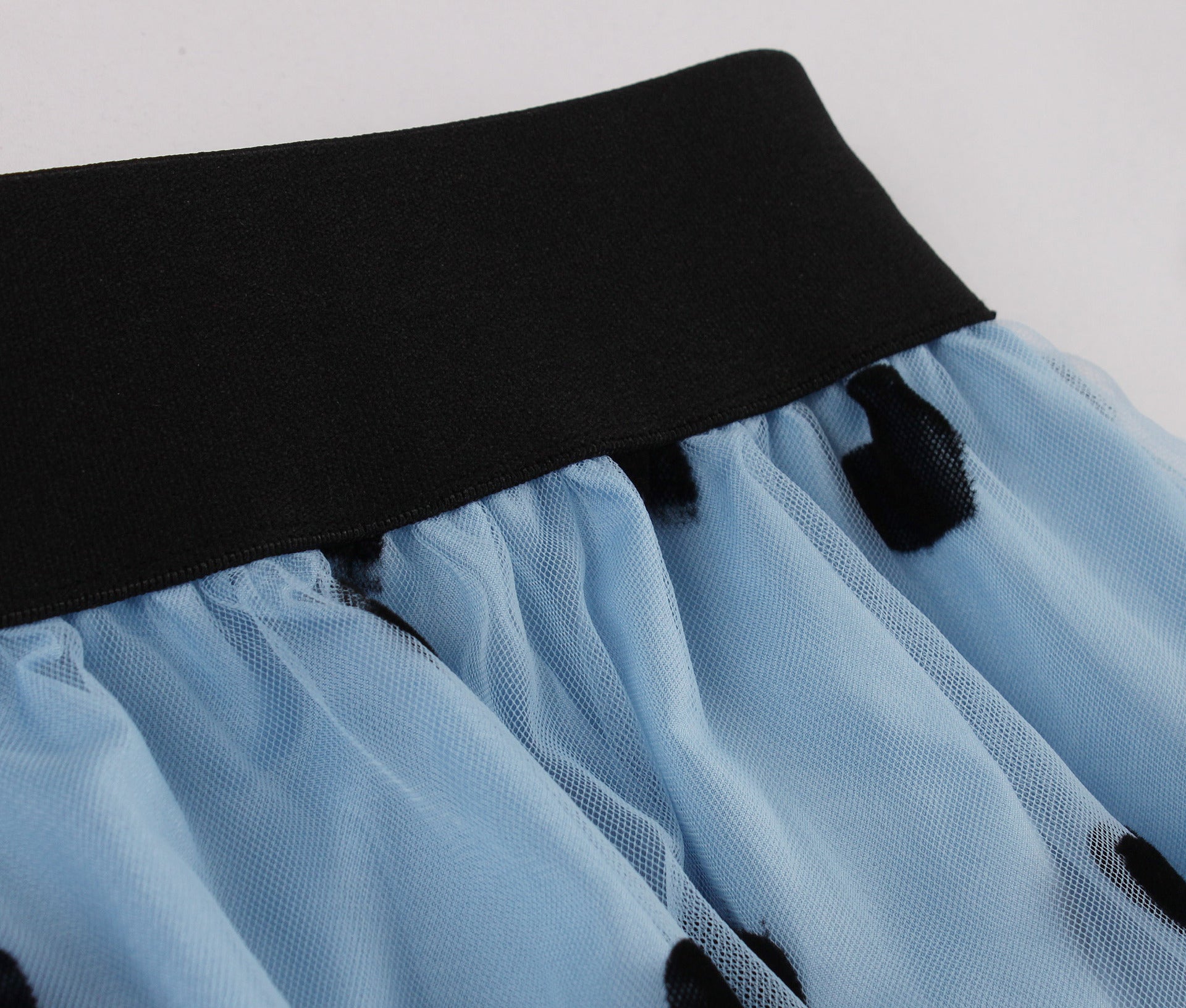 Women Heart Printed Contrast Mesh Frill Trim Flared Midi Skirt Blue