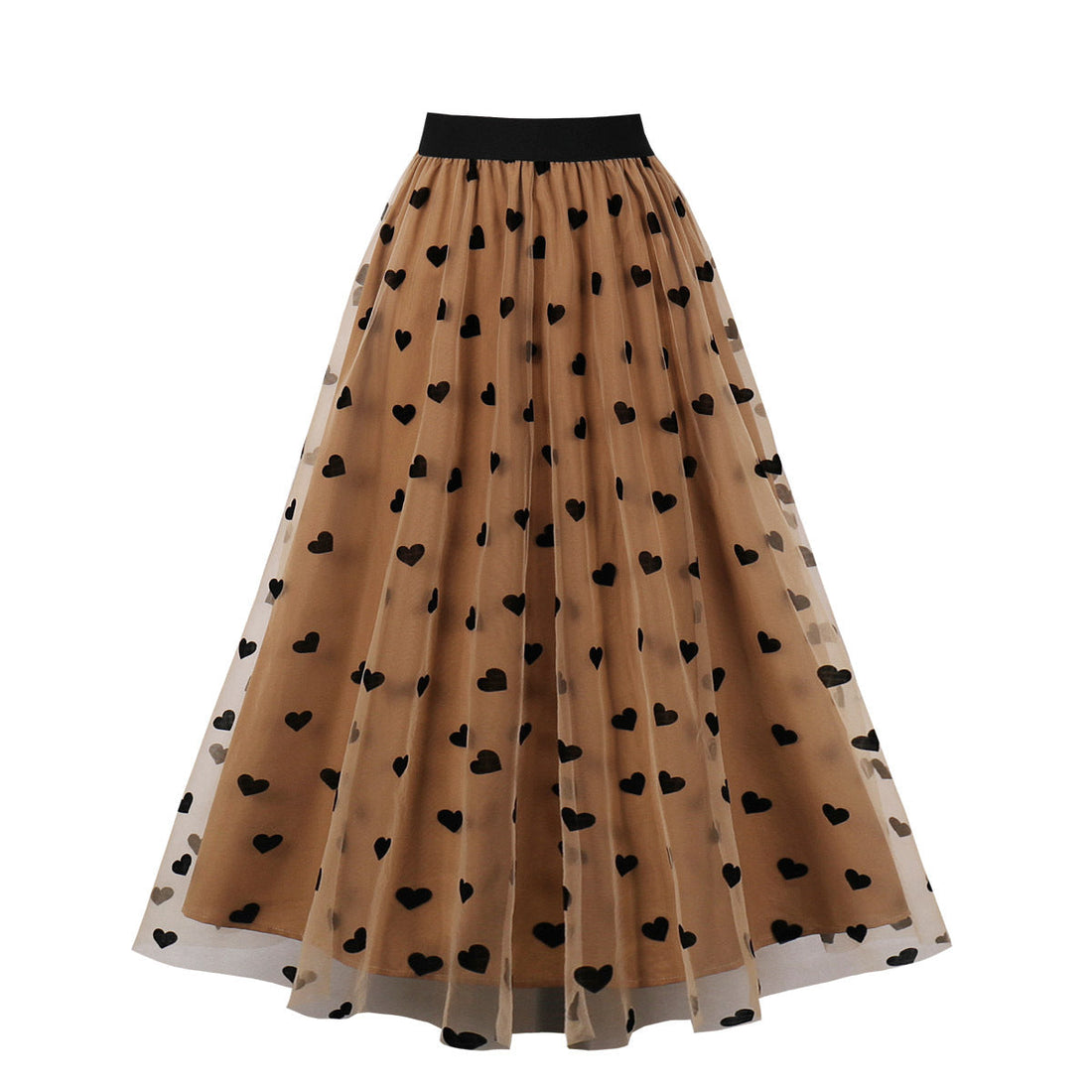 Women Heart Printed Contrast Mesh Frill Trim Flared Midi Skirt Brown