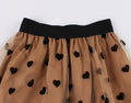 Women Heart Printed Contrast Mesh Frill Trim Flared Midi Skirt Brown