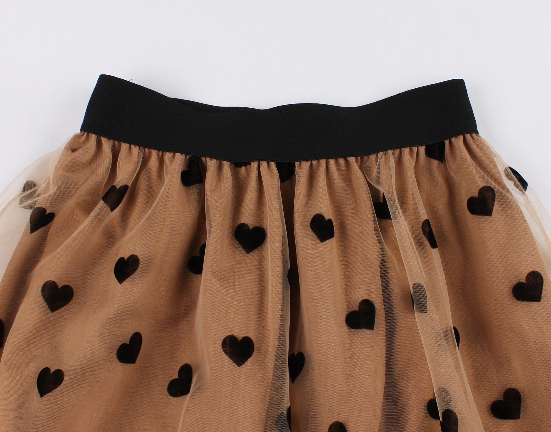 Women Heart Printed Contrast Mesh Frill Trim Flared Midi Skirt Brown