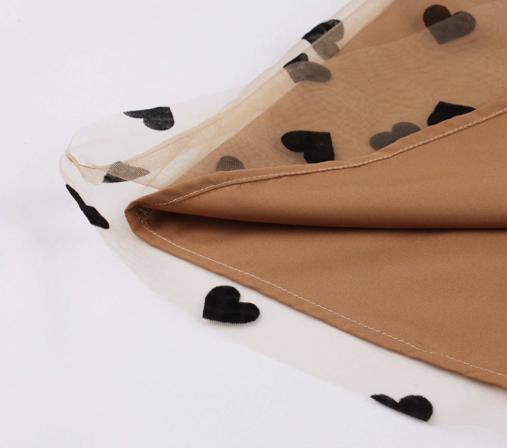 Women Heart Printed Contrast Mesh Frill Trim Flared Midi Skirt Brown