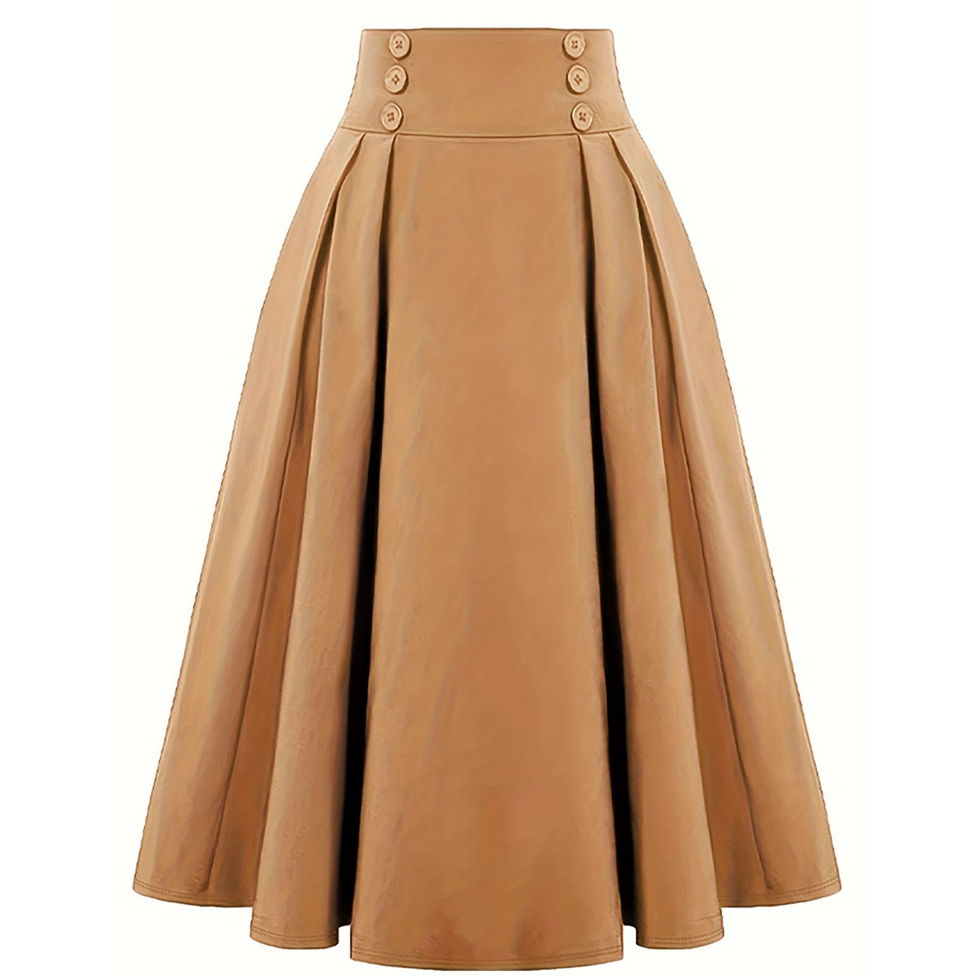 Women Pleated Skirt Retro Button Flare Skirts 50s Rockabilly Skirt Brown