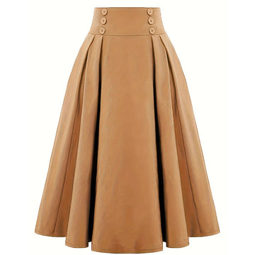 Women Pleated Skirt Retro Button Flare Skirts 50s Rockabilly Skirt Brown