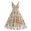 Women Plunge V Neck Floral Embroidery Mesh Cocktail Formal Evening Vintage Dress Beige