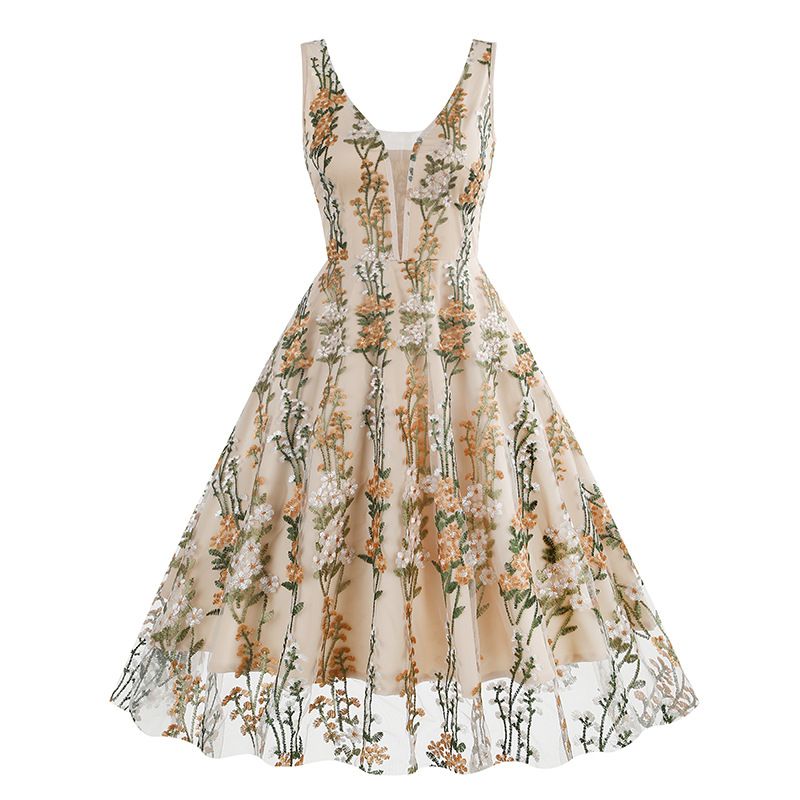 Women Plunge V Neck Floral Embroidery Mesh Cocktail Formal Evening Vintage Dress Beige