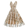 Women Plunge V Neck Floral Embroidery Mesh Cocktail Formal Evening Vintage Dress Beige