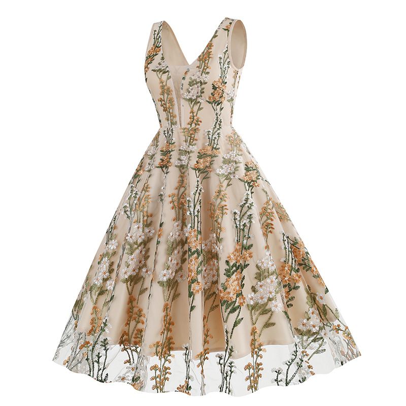 Women Plunge V Neck Floral Embroidery Mesh Cocktail Formal Evening Vintage Dress Beige