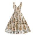 Women Plunge V Neck Floral Embroidery Mesh Cocktail Formal Evening Vintage Dress Beige