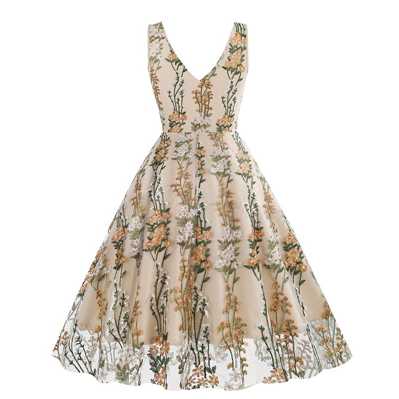 Women Plunge V Neck Floral Embroidery Mesh Cocktail Formal Evening Vintage Dress Beige