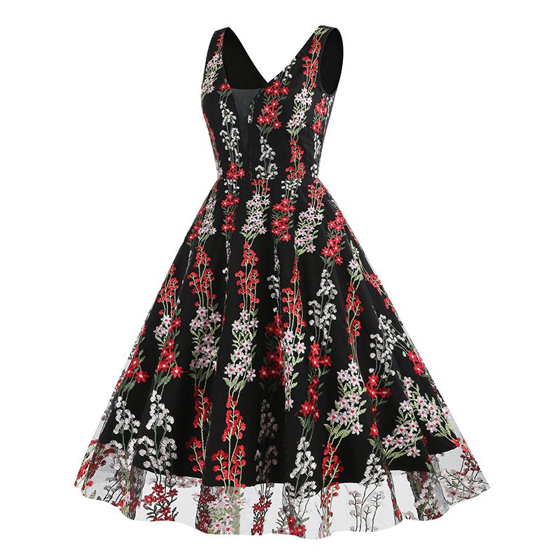 Women Plunge V Neck Floral Embroidery Mesh Cocktail Formal Evening Vintage Dress Black