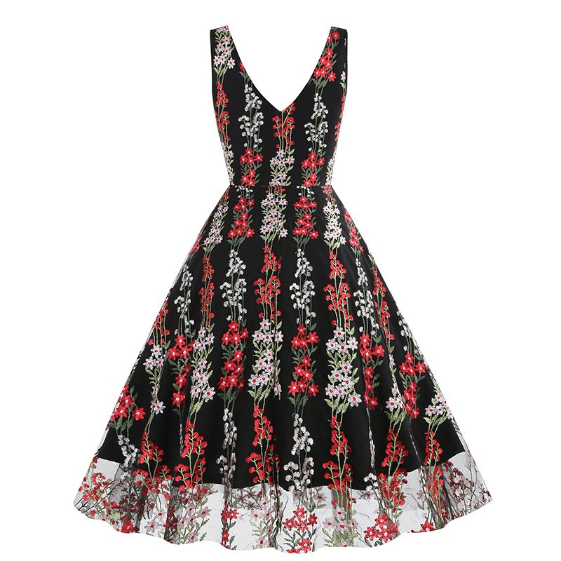 Women Plunge V Neck Floral Embroidery Mesh Cocktail Formal Evening Vintage Dress Black