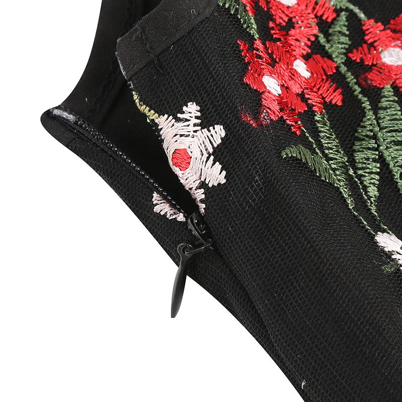 Women Plunge V Neck Floral Embroidery Mesh Cocktail Formal Evening Vintage Dress Black