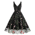 Women Plunge V Neck Floral Embroidery Mesh Cocktail Formal Evening Vintage Dress Floral