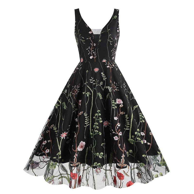 Women Plunge V Neck Floral Embroidery Mesh Cocktail Formal Evening Vintage Dress Floral