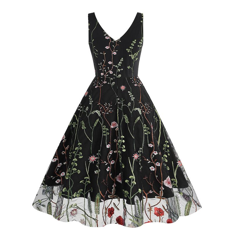 Women Plunge V Neck Floral Embroidery Mesh Cocktail Formal Evening Vintage Dress Floral